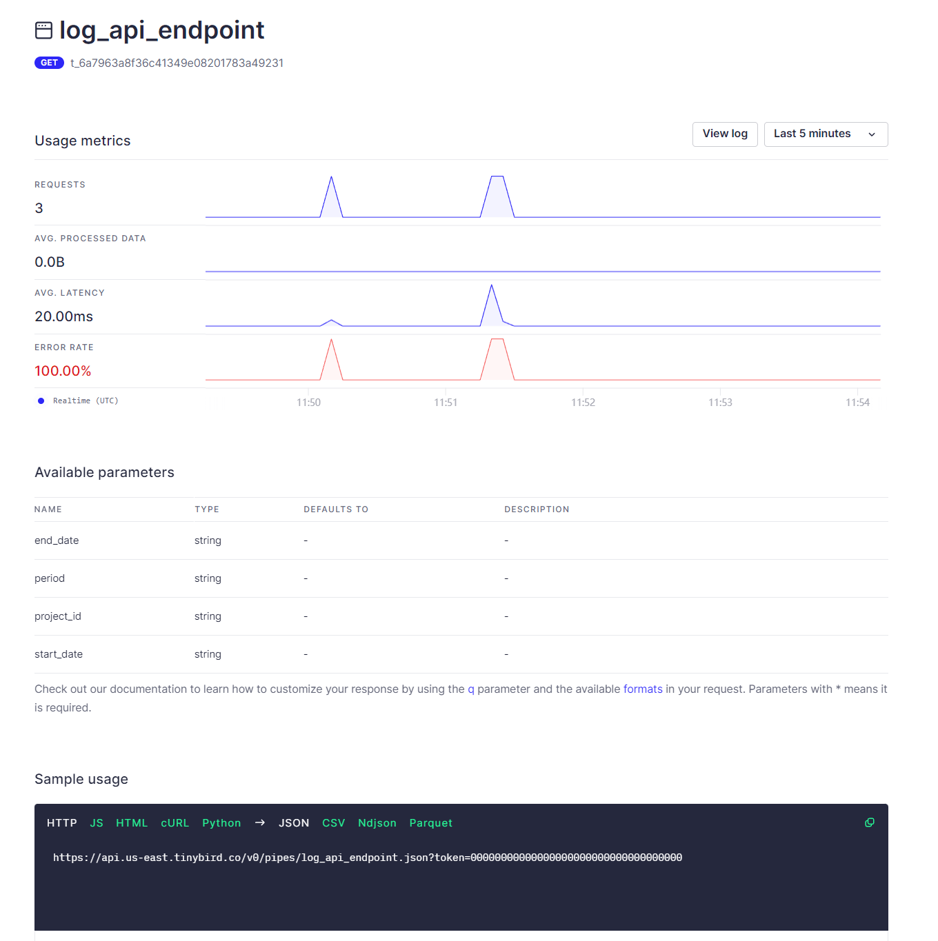 Tinybird view of the api endpoint